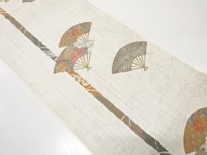 扇に荒波・菊・桜模様織り出し　袋帯